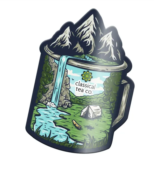 Custom Vinyl sticker of a mug with mountains coming out of it. Design your own!