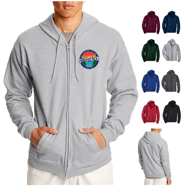 Man wearing a grey hoodie with the NSW logo on left upper chest area. Put your logo there!