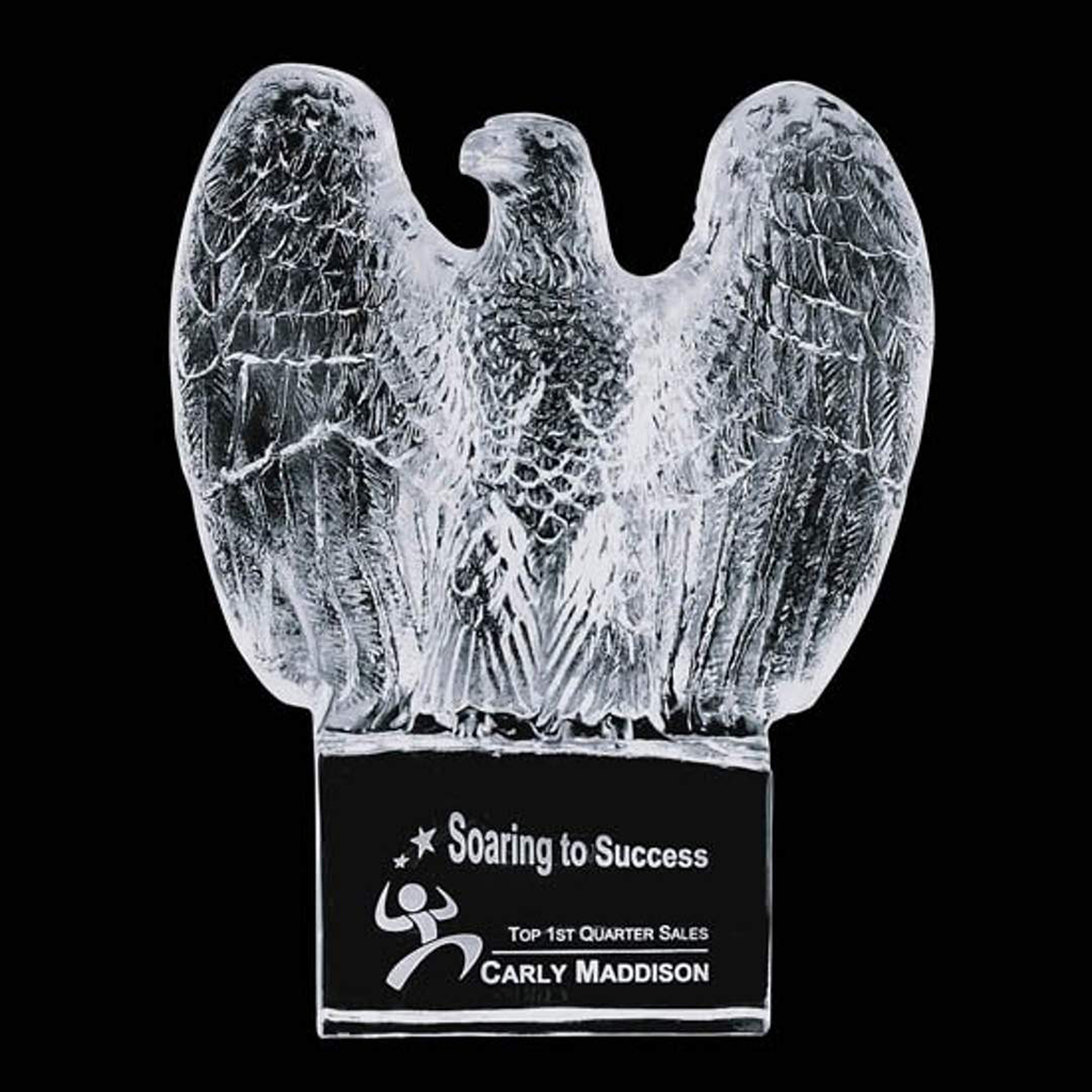 Clear eagle-shaped award with engraved message & name on the base.