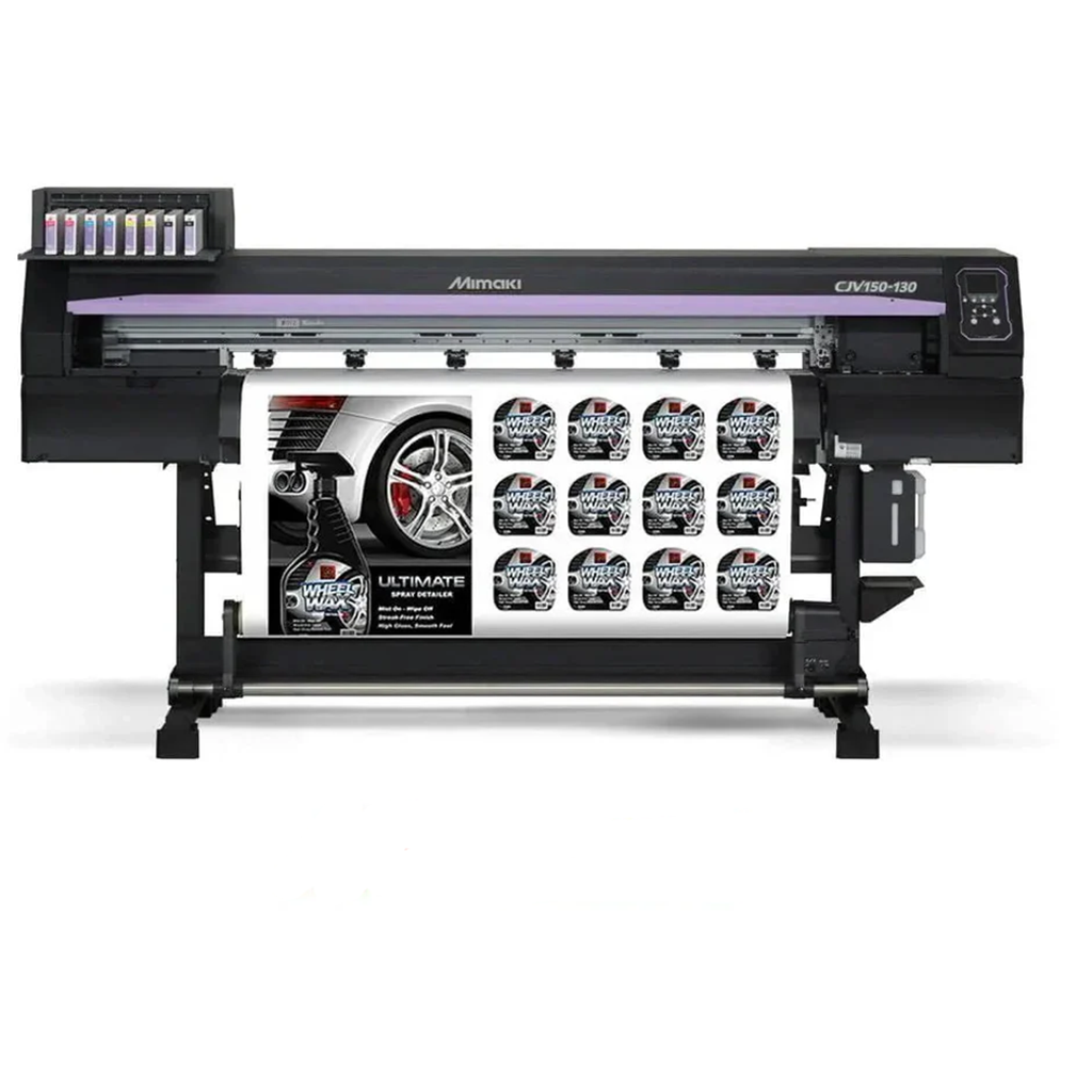Mimaki printer with a toll of stickers and poster being printed