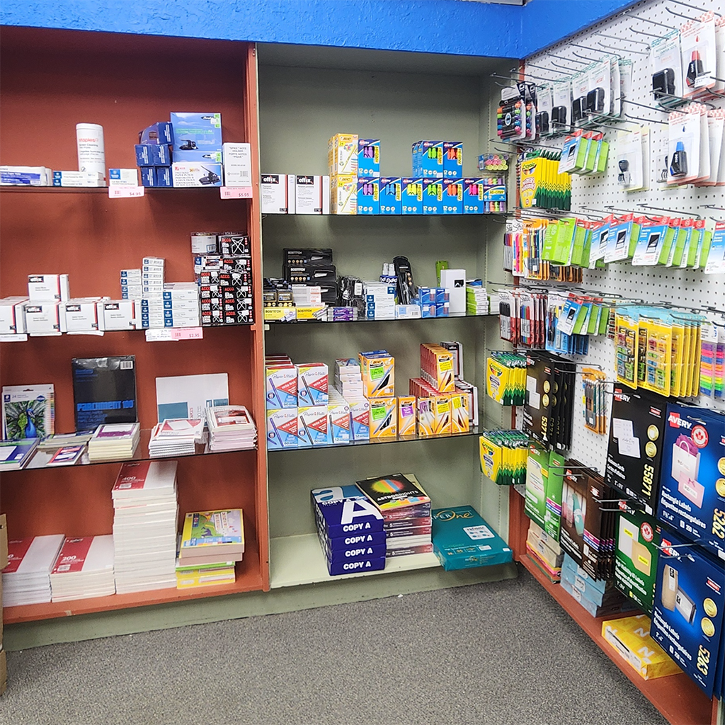 Office supplies area in the corner of the store